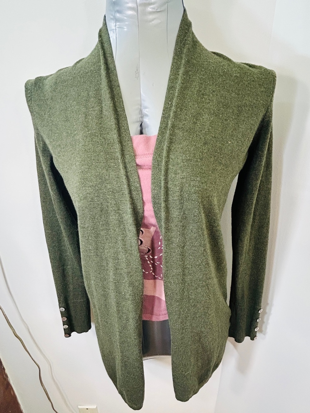 Cyrus Olive Green Open-Front Cardigan with Button-Cuff Detail